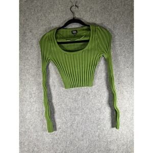 Beverly and Beck Top Women XS Green Long Sleeve Eyelet Cropped Stretch Boho Hipp